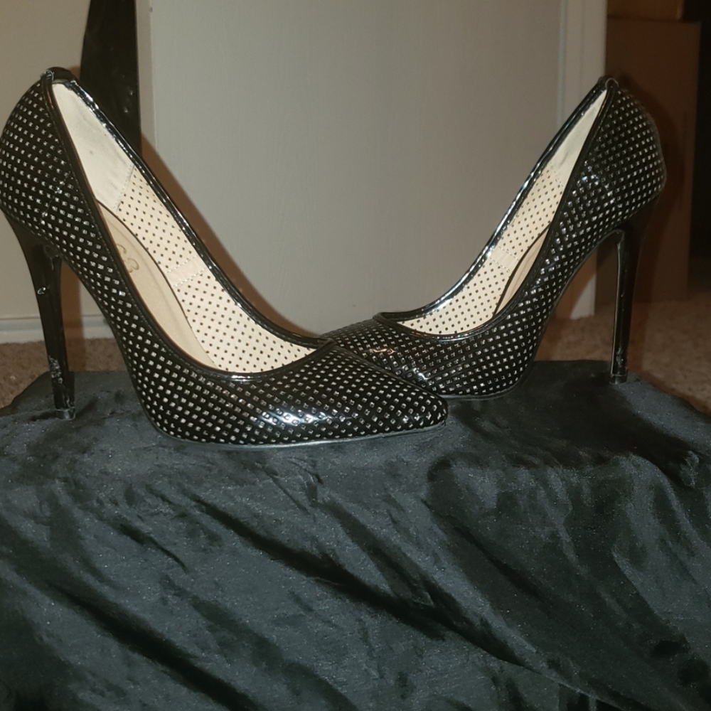 Patent Leather Black Heels with Laser Cut Opening